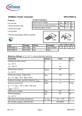 SPU07N20G Datasheet PDF Infineon Technologies