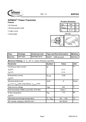 BSP324E6327 Datasheet PDF Infineon Technologies