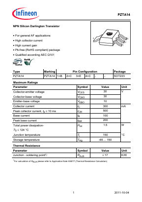 PZTA14 Datasheet PDF Infineon Technologies