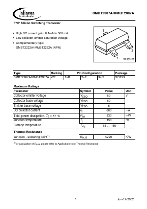 SMBT2907A Datasheet PDF Infineon Technologies