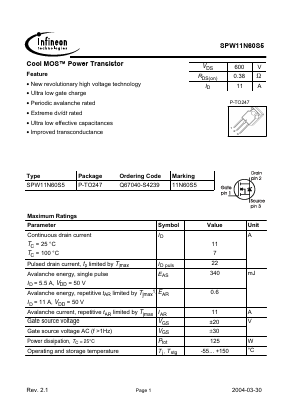 SPW11N60S5 Datasheet PDF Infineon Technologies