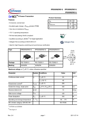 IPI200N25N3G Datasheet PDF Infineon Technologies