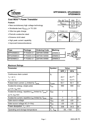 SPP20N65C3 Datasheet PDF Infineon Technologies