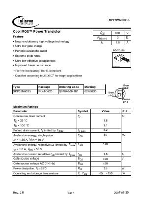 02N60S5 Datasheet PDF Infineon Technologies