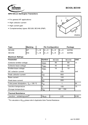 BCV29 Datasheet PDF Infineon Technologies