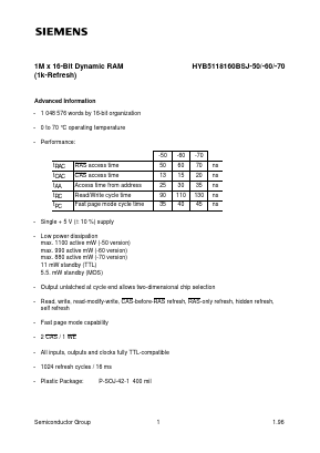 HYB5118160BSJ-70 Datasheet PDF Infineon Technologies