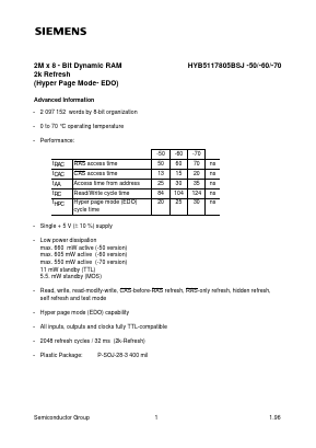 HYB5117805BJ-50 Datasheet PDF Infineon Technologies