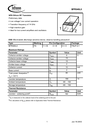 BFR340L3 Datasheet PDF Infineon Technologies