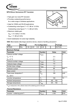 BFP620 Datasheet PDF Infineon Technologies