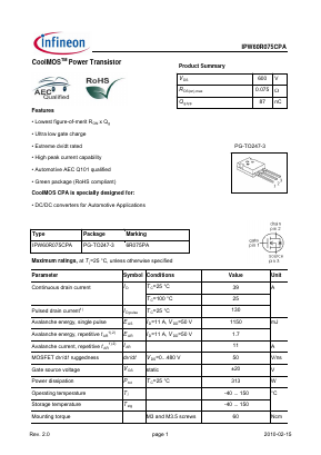 IPW60R075CPA Datasheet PDF Infineon Technologies