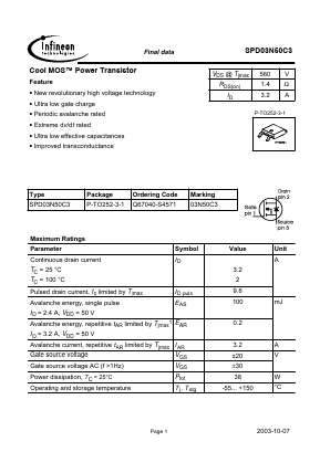 03N50C3 Datasheet PDF Infineon Technologies