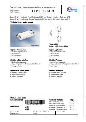 FF200R06ME3 Datasheet PDF Infineon Technologies