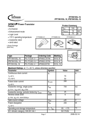 IPP70N10SL-16 Datasheet PDF Infineon Technologies