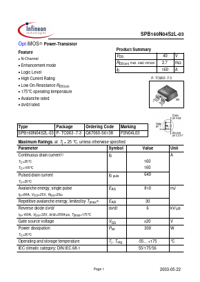 SPB160N04S2L-03 Datasheet PDF Infineon Technologies