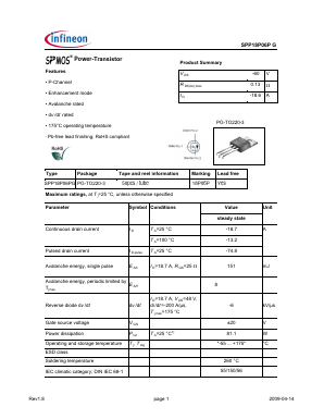 SPP18P06PG Datasheet PDF Infineon Technologies