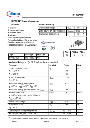 SPP80P06PH Datasheet PDF Infineon Technologies