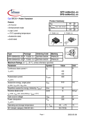 SPB100N04S2L-03 Datasheet PDF Infineon Technologies