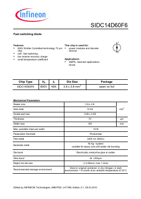 SIDC14D60F6 Datasheet PDF Infineon Technologies