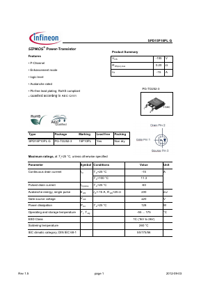 SPD15P10PLG Datasheet PDF Infineon Technologies