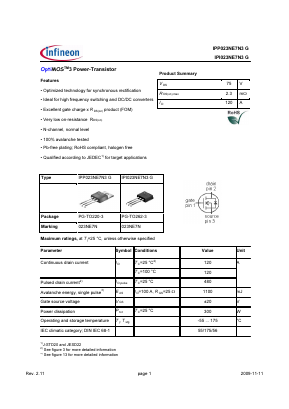 IPP023NE7N3G Datasheet PDF Infineon Technologies