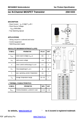 2SK1833 Datasheet PDF Inchange Semiconductor