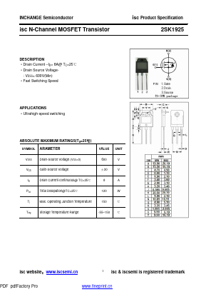 2SK1925 Datasheet PDF Inchange Semiconductor