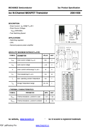 2SK1938 Datasheet PDF Inchange Semiconductor