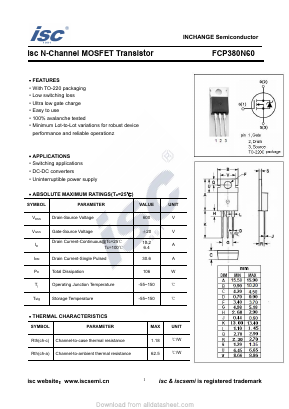 FCP380N60 Datasheet PDF Inchange Semiconductor
