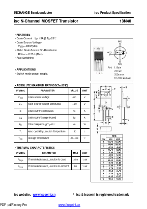 13N40 Datasheet PDF Inchange Semiconductor