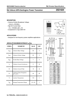 2SD1604 Datasheet PDF Inchange Semiconductor