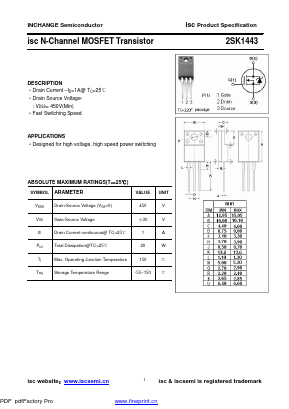 2SK1443 Datasheet PDF Inchange Semiconductor