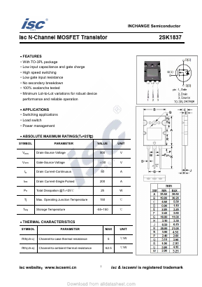 K1837 Datasheet PDF Inchange Semiconductor