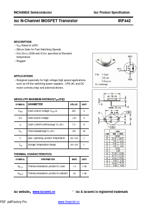 IRF442 Datasheet PDF Inchange Semiconductor