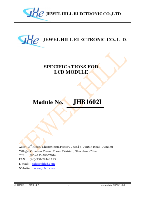 JHB1602I Datasheet PDF Jewel Hill Electronic