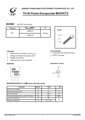 2N7000 Datasheet PDF Jiangsu Changjiang Electronics Technology Co., Ltd