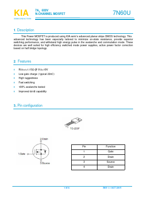 7N60U Datasheet PDF KIA Semiconductor Technology