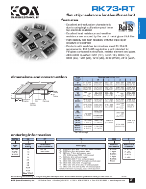 RK73B1ERTTP100J Datasheet PDF KOA Speer Electronics, Inc.