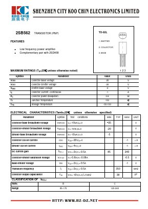 2SB562 Datasheet PDF SHENZHEN KOO CHIN ELECTRONICS CO., LTD.