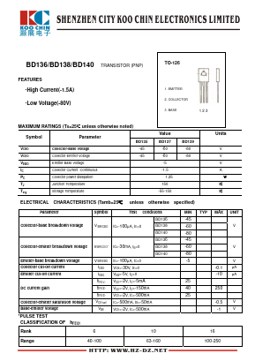 BD136 Datasheet PDF SHENZHEN KOO CHIN ELECTRONICS CO., LTD.