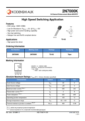 2N7000K Datasheet PDF Kodenshi Auk Co., LTD