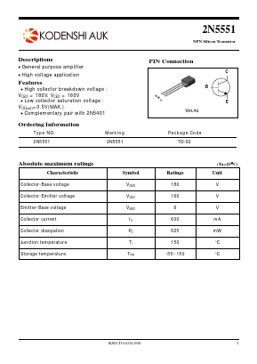 2N5551 Datasheet PDF Kodenshi Auk Co., LTD