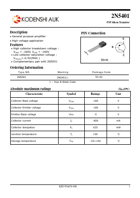 2N5401 Datasheet PDF Kodenshi Auk Co., LTD