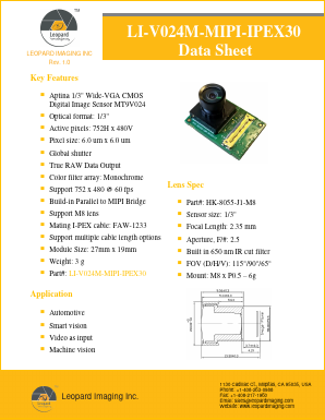 LI-V024M-MIPI-IPEX30 Datasheet PDF Leopard Imaging Inc.