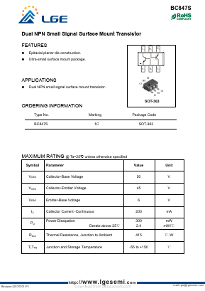 BC847S Datasheet PDF Shenzhen Luguang Electronic Technology Co., Ltd