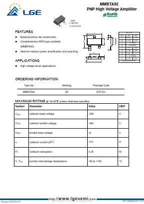 MMBTA92 Datasheet PDF Shenzhen Luguang Electronic Technology Co., Ltd