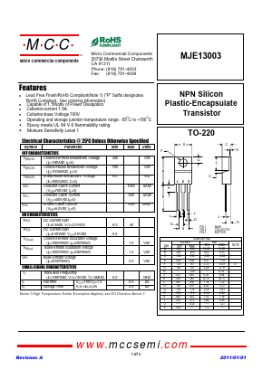 MJE13003 Datasheet PDF Micro Commercial Components