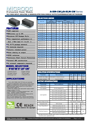 A1209XM-1W Datasheet PDF Microdc power Technology Co., Ltd