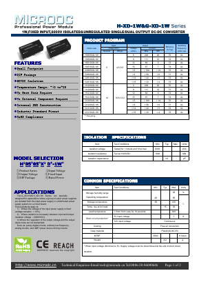 H1209XD-1W Datasheet PDF Microdc power Technology Co., Ltd