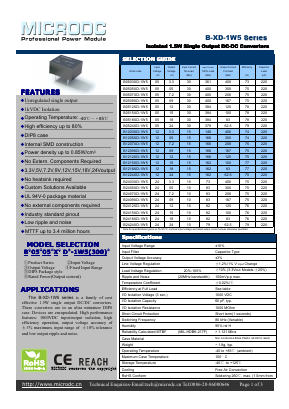 B1209XD-1W5 Datasheet PDF Microdc power Technology Co., Ltd