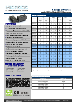 A1205XS-2W Datasheet PDF Microdc power Technology Co., Ltd